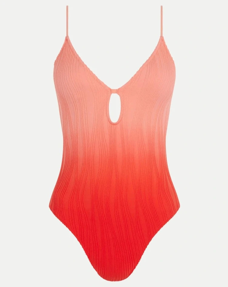 Badedrakt badetøy dyp utringning plunge, rosa rød oransje tie dye, chantelle pulp