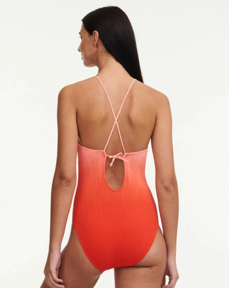 Badedrakt badetøy dyp utringning plunge, rosa rød oransje tie dye, chantelle pulp