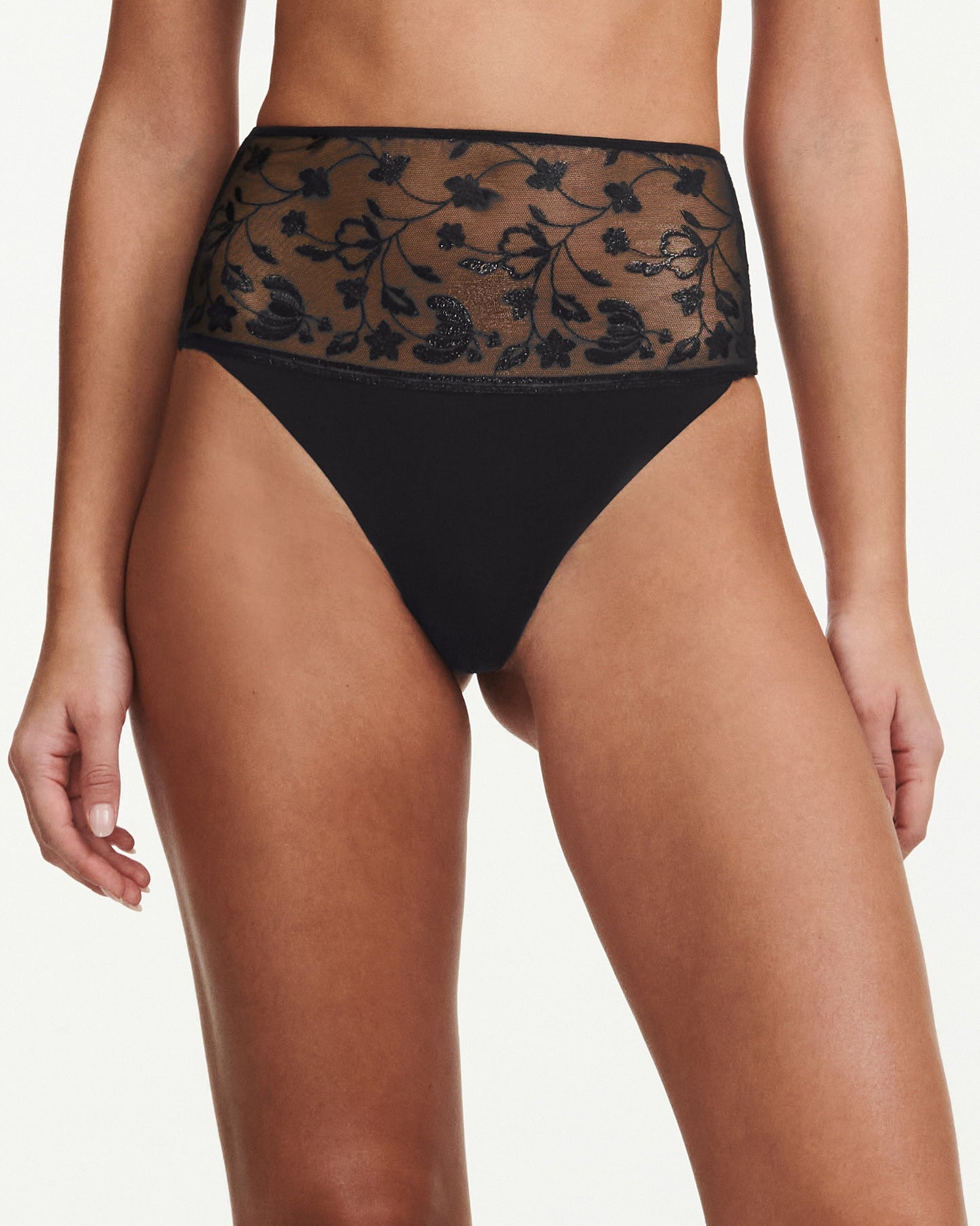 Undertøy thong high waist, høyt liv string, norge dame, chantelle pulp, svart broderi