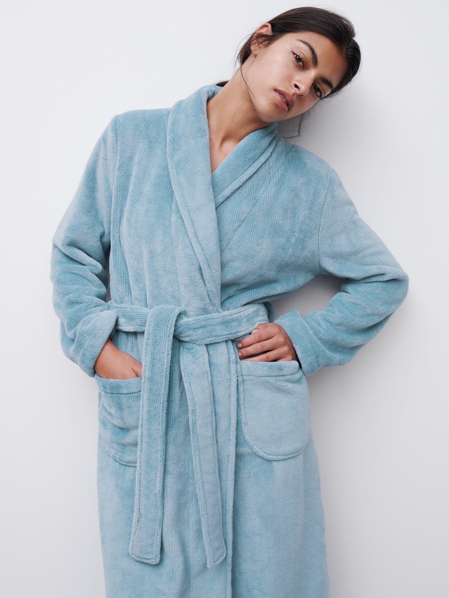 Morgenkåpe badekåpe teddy, Norge dame undertøy, loungewear, Chantelle femilet, blå mist