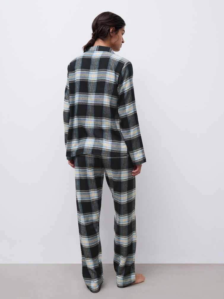 Pysjamas nattbukse, pysj pyjamas, bomull flanell, Chantelle Femilet, Norge dame, ruter svart lyseblå