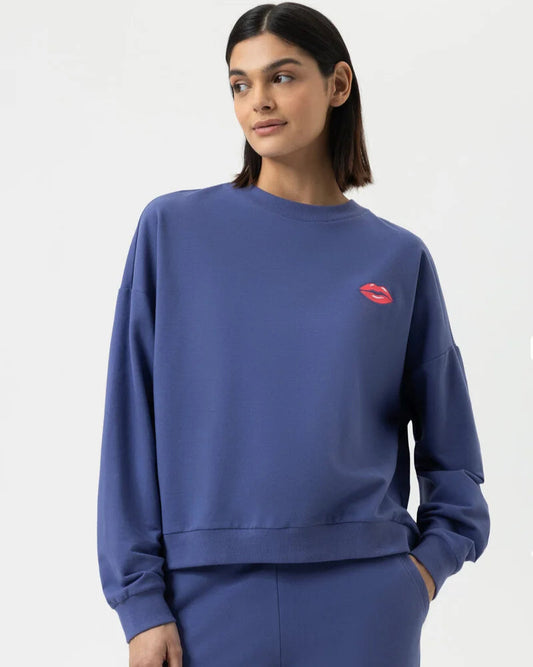 Sweatshirt jumper genser loungewear Mey, blå blue navy bomull cotton, Nattøy undertøy dame norge frilin
