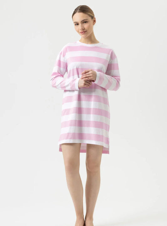Nattkjole striper langermet Mey, rosa soft pink bomull cotton, Nattøy undertøy dame norge frilin