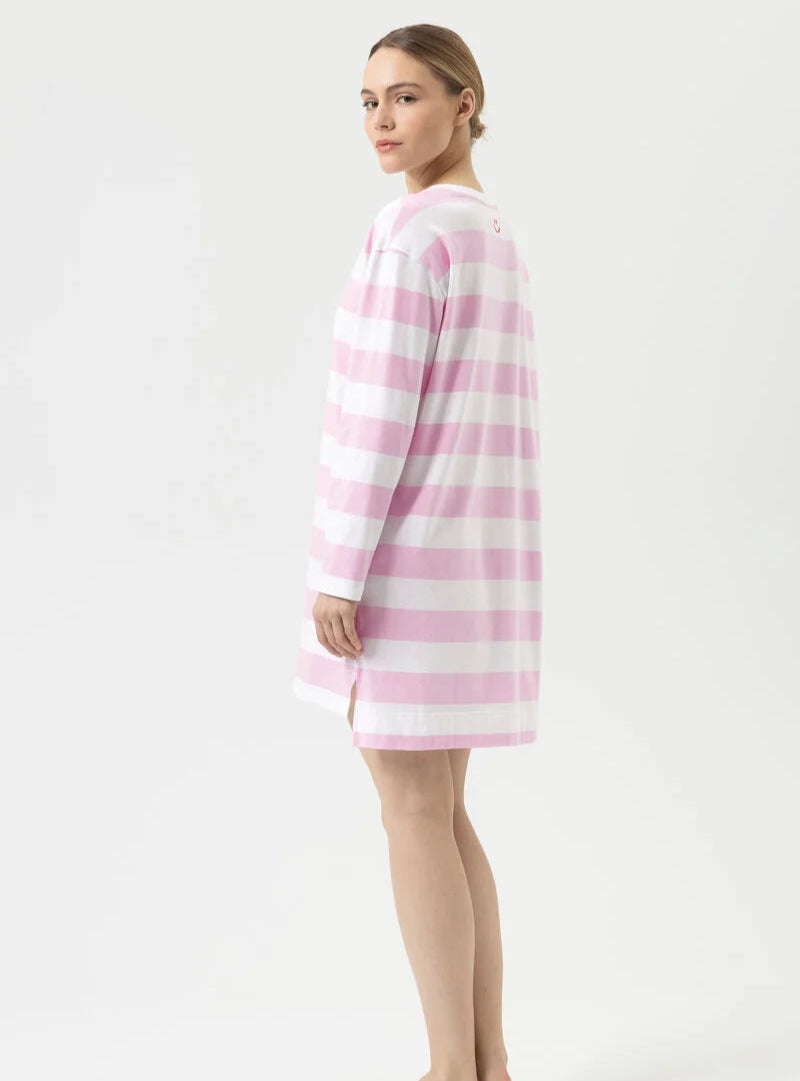 Nattkjole striper langermet Mey, rosa soft pink bomull cotton, Nattøy undertøy dame norge frilin