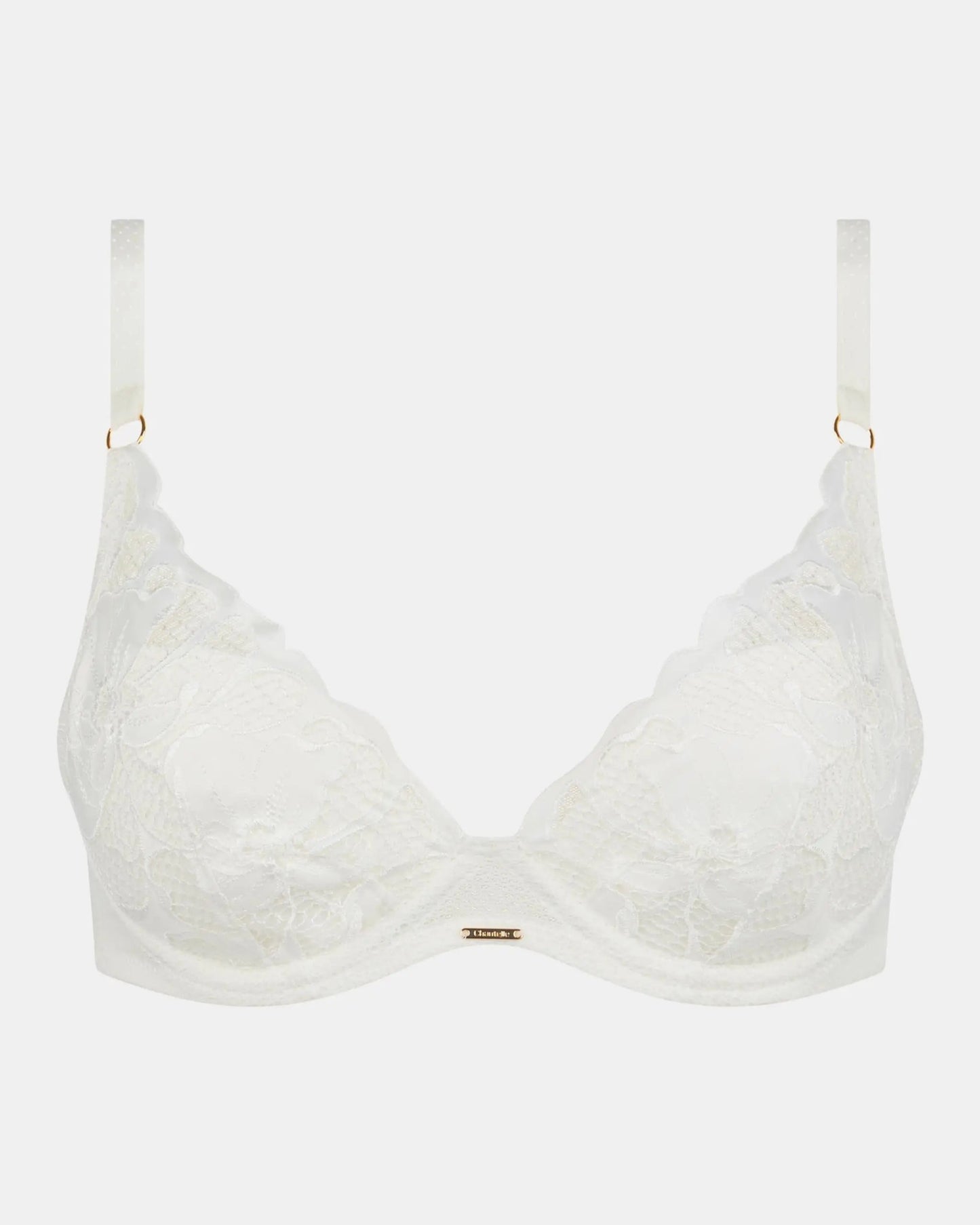 BH hvit plunge Chantelle Fleurs satin milk white vattert blonde black, hvitt undertøy dame norge
