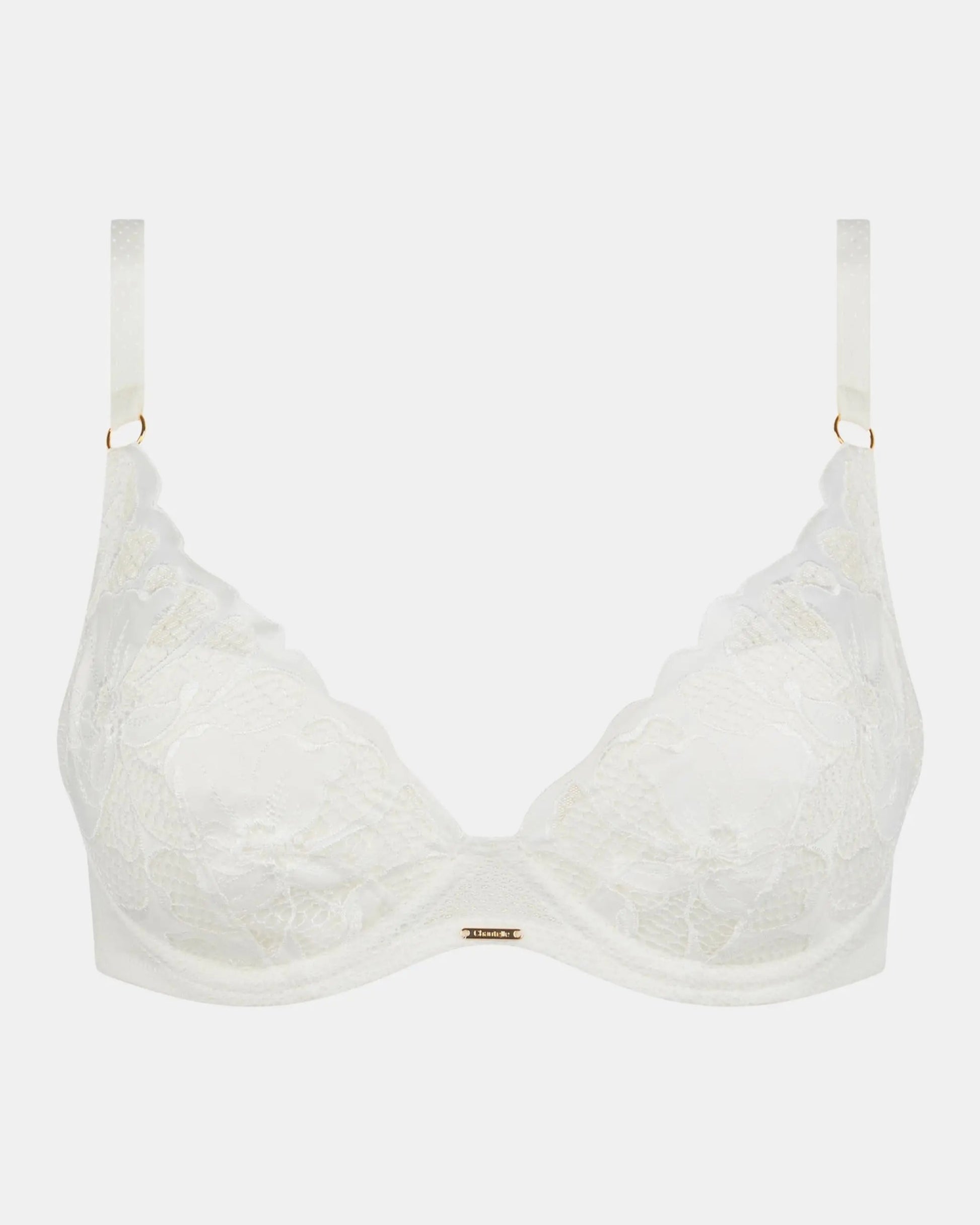 BH hvit plunge Chantelle Fleurs satin milk white vattert blonde black, hvitt undertøy dame norge