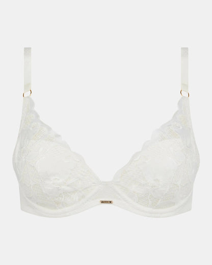 BH hvit plunge Chantelle Fleurs satin milk white vattert blonde black, hvitt undertøy dame norge