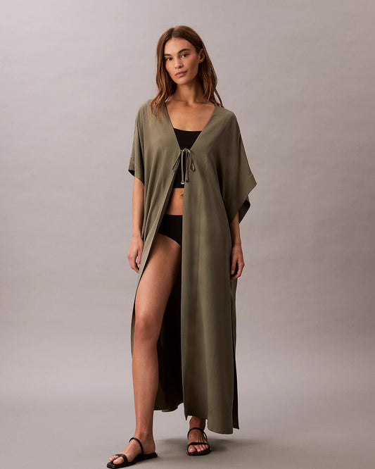 Kaftan kimono Calvin Klein swimwear dusty olive viskose lin, norge frilin