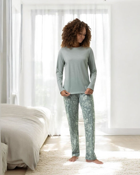 Pysjamas bomull Mey grønn dusty teal paisley, nattøy norge dame frilin