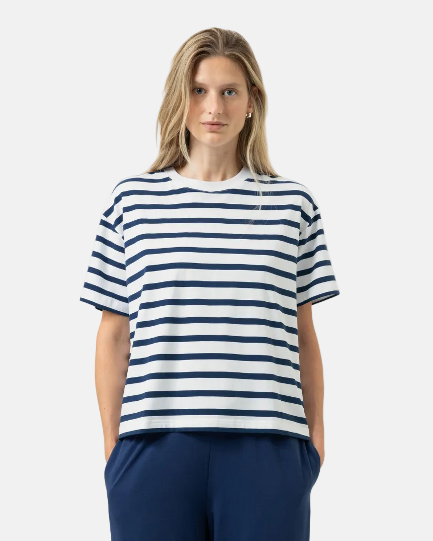 T-skjorte loungewear Mey breezy stripes, blå navy striper bomull cotton, Nattøy undertøy dame norge frilin
