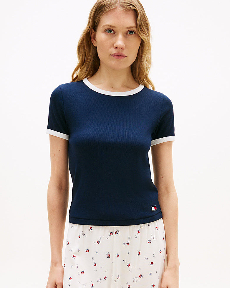 T-skjorte loungewear Tommy Hilfiger ribbet bomull cotton, blå dark navy, Nattøy undertøy dame norge frilin