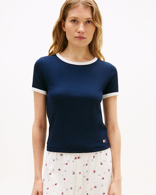 T-skjorte loungewear Tommy Hilfiger ribbet bomull cotton, blå dark navy, Nattøy undertøy dame norge frilin
