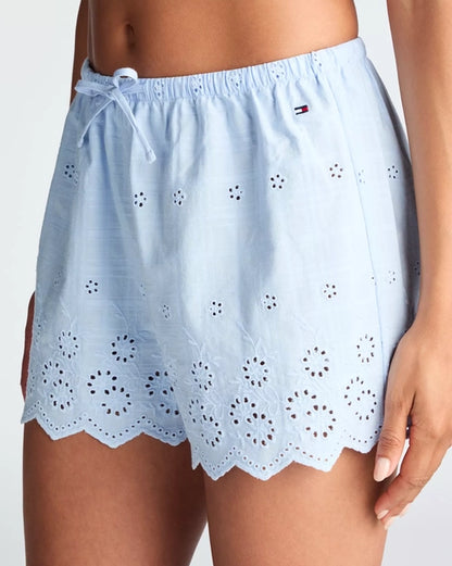 Nattøy pysjamas Tommy Hilfiger bomull cotton, singlet og shorts broderi lyseblå, undertøy dame norge frilin